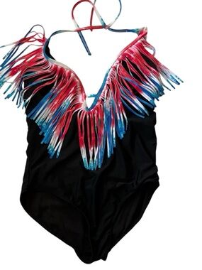 OP Patriotic Tie Dye Fringe Halter One Piece Swimsuit Large 11-13